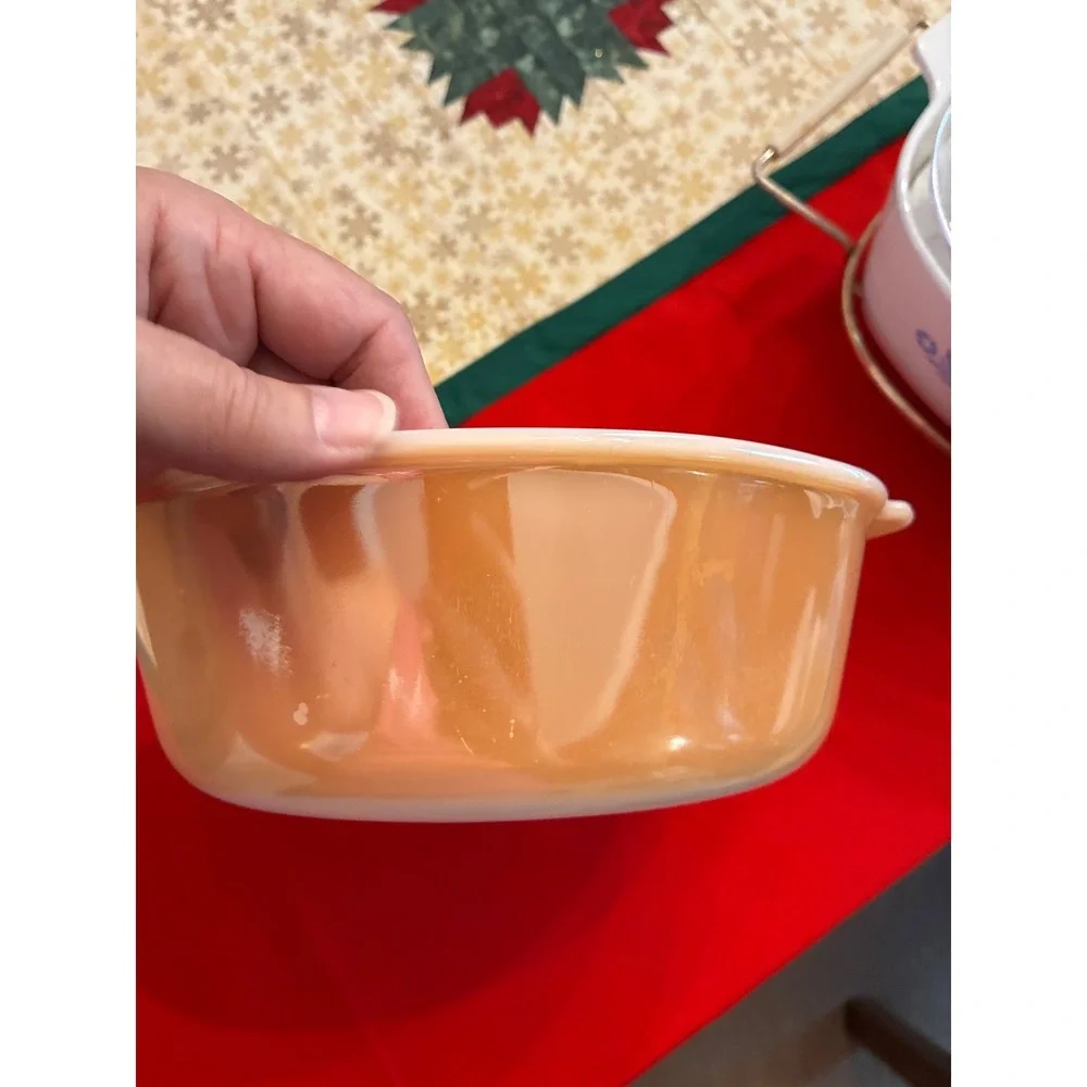 Vintage Fire-King Peach Luster 2Quart Round Casserole Dish Milk Glass Tab Handle